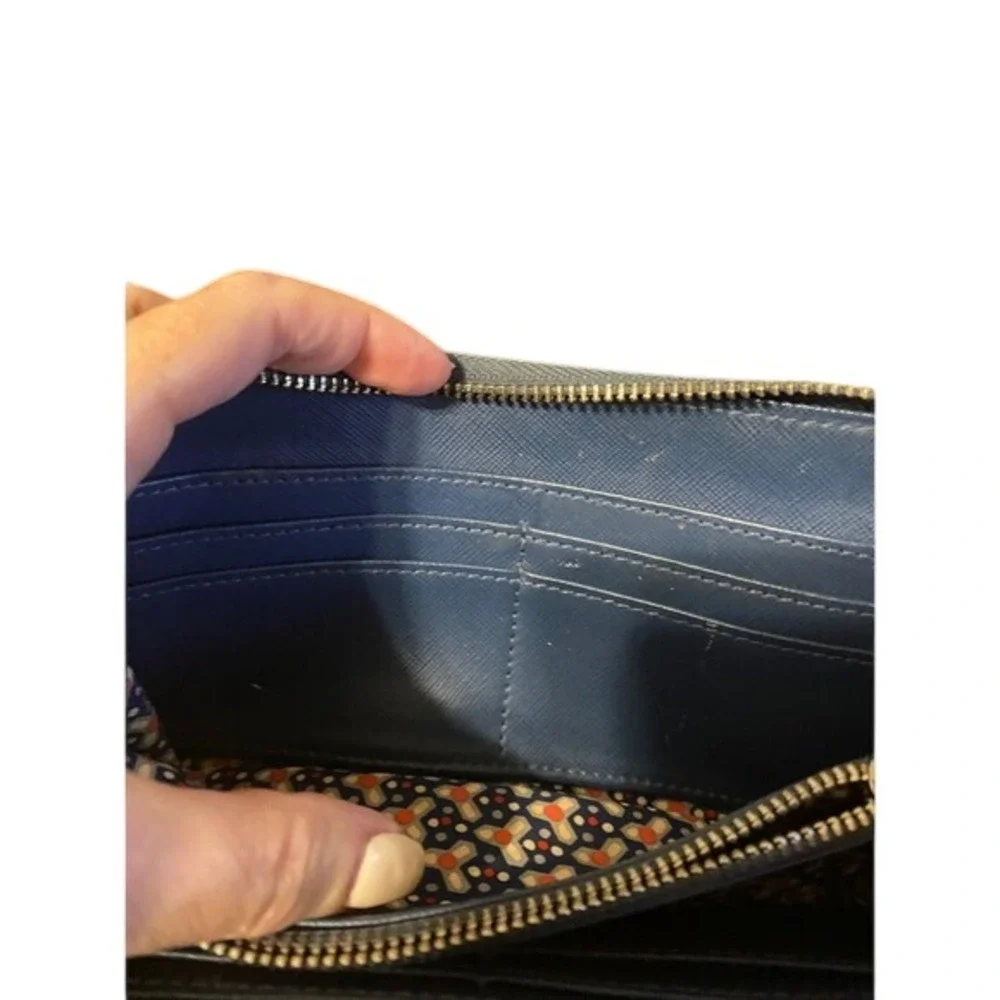 Tory Burch Navy Blue Saffiano Leather Zip Around Continental Wallet